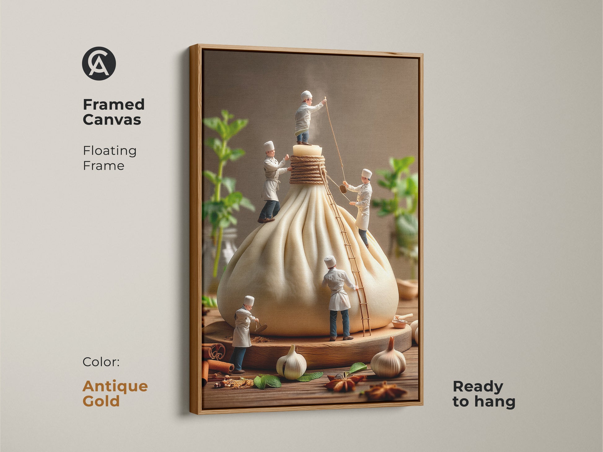 Antique gold framed canvas art showing miniature chefs preparing a large dumpling. This floating frame enhances the culinary artwork. The print is ready to hang adding a vintage touch to your kitchen art.
