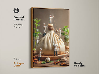 Antique gold framed canvas art showing miniature chefs preparing a large dumpling. This floating frame enhances the culinary artwork. The print is ready to hang adding a vintage touch to your kitchen art.