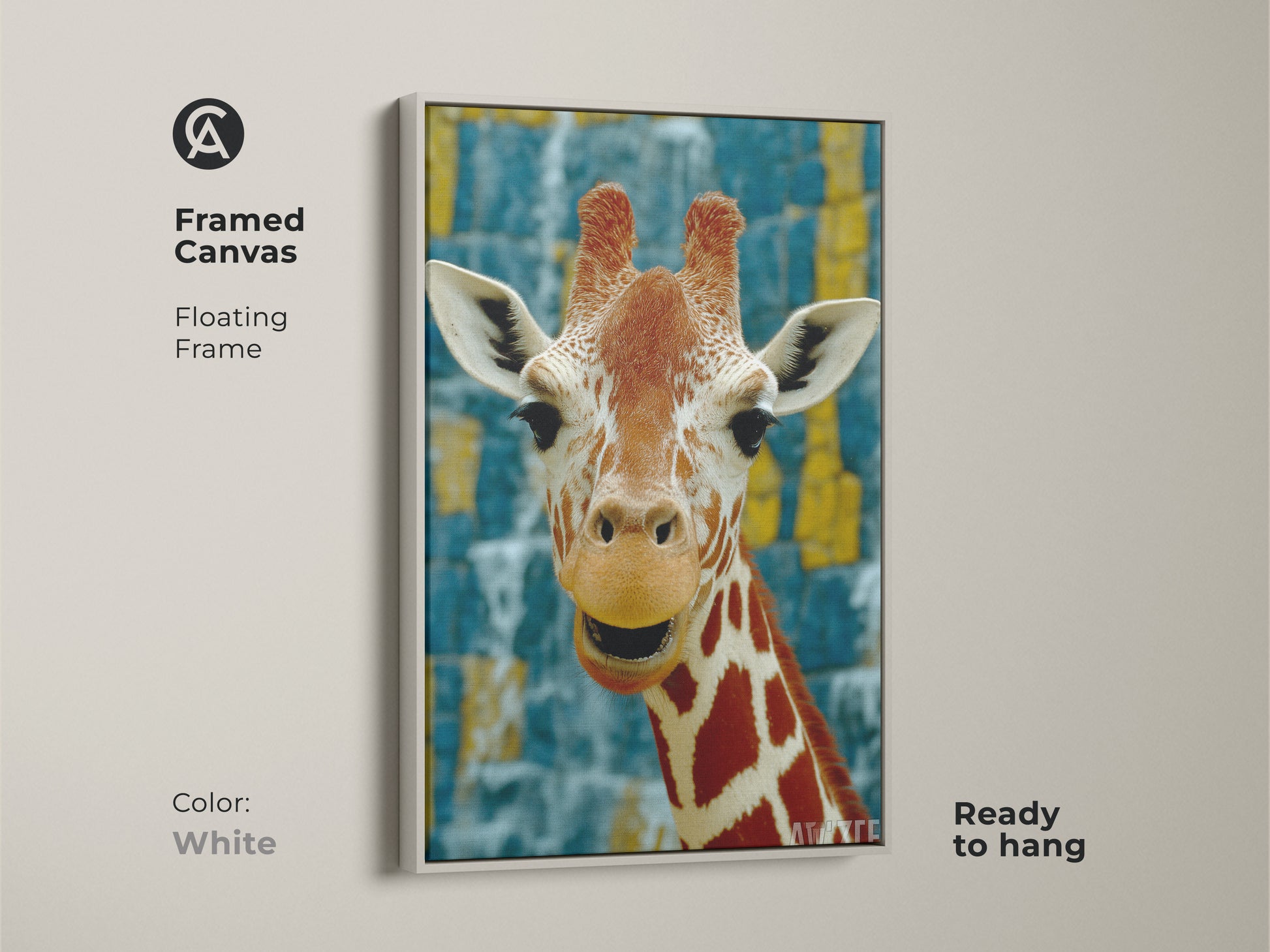 Framed canvas featuring a giraffe. Floating frame in white color. The animal wall decor with photorealistic detail showcases African savanna wildlife art. The orange yellow and blue color palette offers an eclectic style. This giraffe artwork is ready to hang.