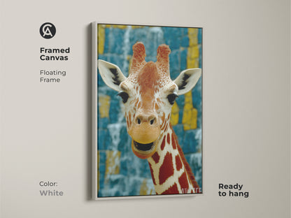 Framed canvas featuring a giraffe. Floating frame in white color. The animal wall decor with photorealistic detail showcases African savanna wildlife art. The orange yellow and blue color palette offers an eclectic style. This giraffe artwork is ready to hang.