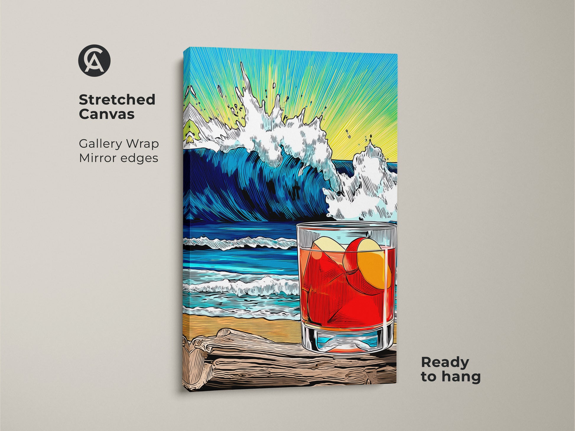 Stretched Canvas Beach Wave Drink artwork. A cool ocean wave cocktail art print. Beach drink canvas for summer beach house artwork. Retro wave canvas art is ready to hang.