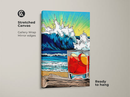 Stretched Canvas Beach Wave Drink artwork. A cool ocean wave cocktail art print. Beach drink canvas for summer beach house artwork. Retro wave canvas art is ready to hang.