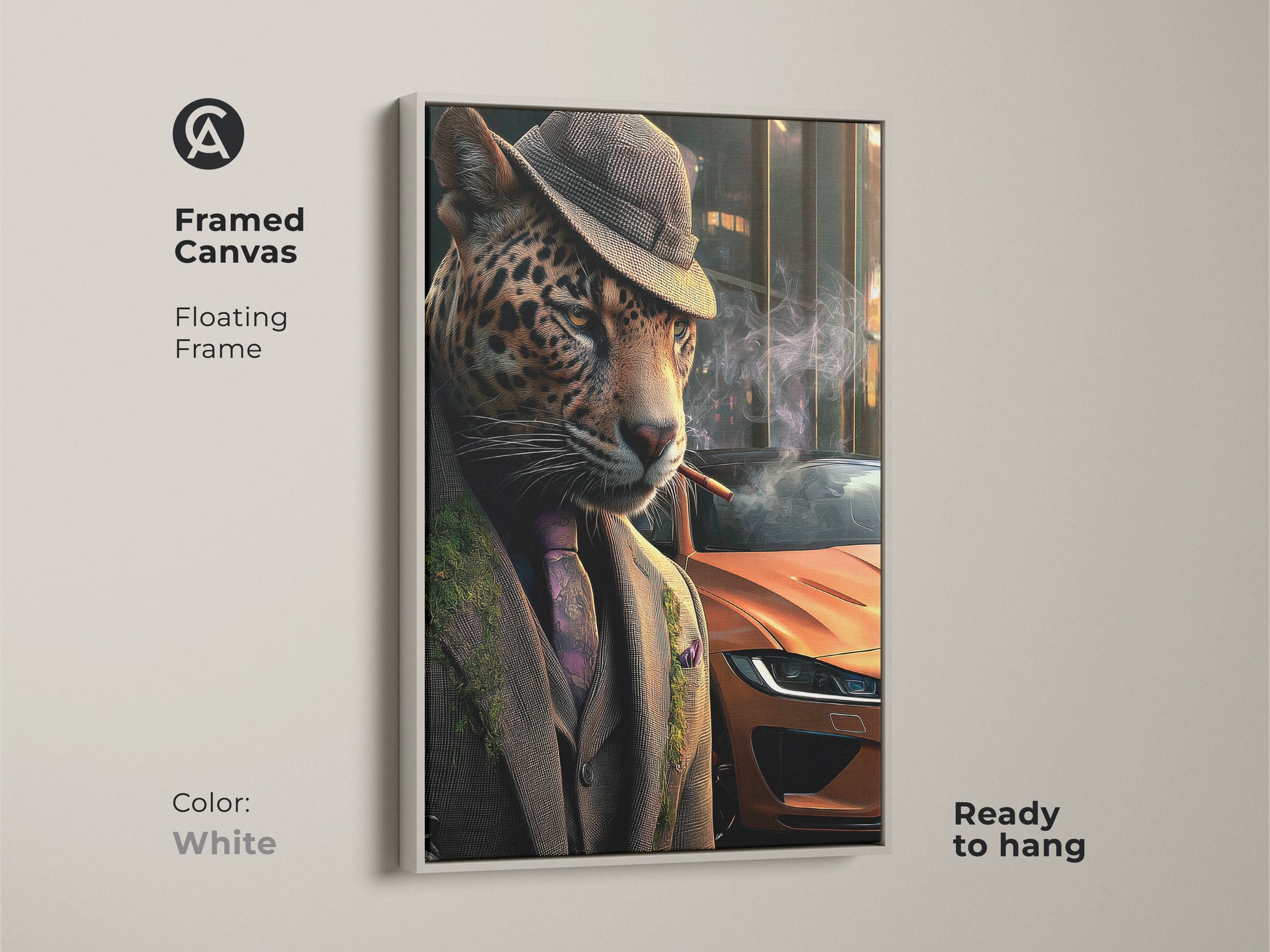 Framed canvas art print featuring a dapper leopard in a suit. The white floating frame offers a modern look. This neo-noir animal artwork is ready to hang. It adds an eclectic touch to your home or office decor.