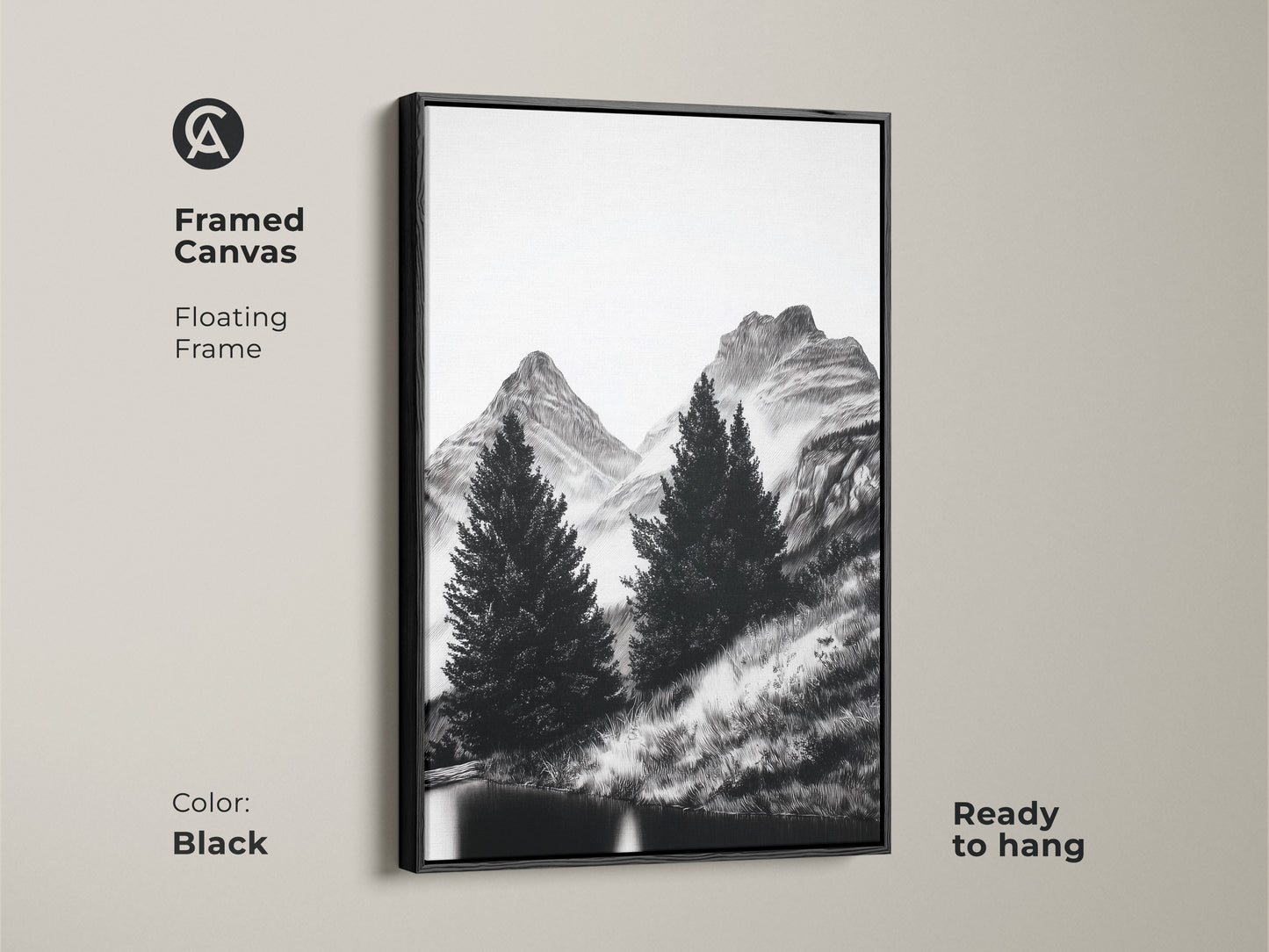 Framed canvas featuring minimalist mountain artwork with a floating frame. The black frame enhances this black and white nature artwork. Ready to hang this pine tree and mountain art is perfect for adding a touch of nature to any space ideal for monochrome office art.