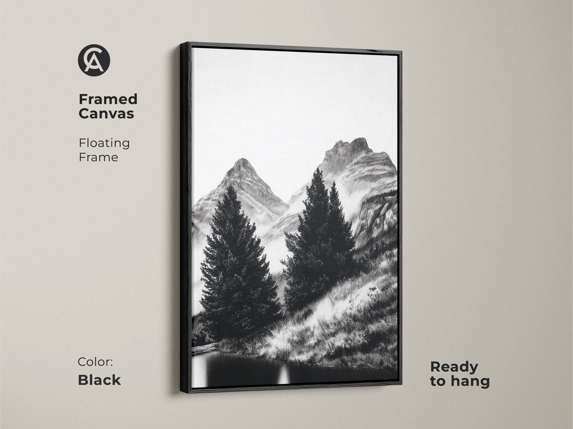 Framed canvas featuring minimalist mountain artwork with a floating frame. The black frame enhances this black and white nature artwork. Ready to hang this pine tree and mountain art is perfect for adding a touch of nature to any space ideal for monochrome office art.