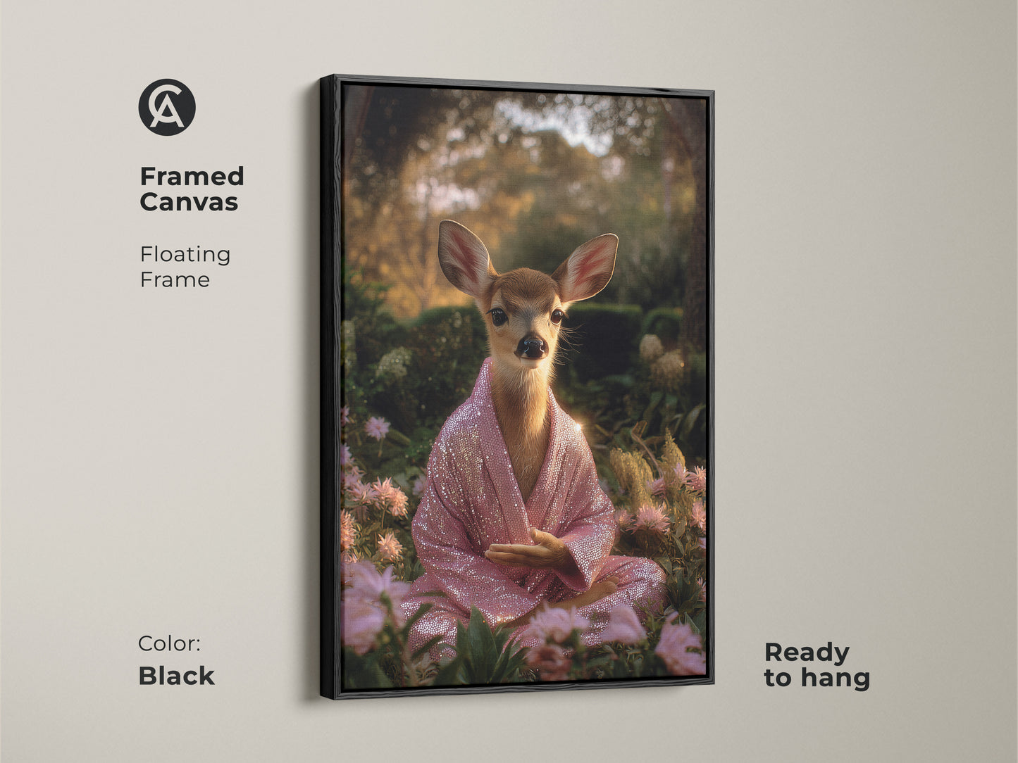 Framed canvas with a floating black frame featuring a meditating deer. The spiritual animal art is ready to hang. This boho art is a unique animal artwork. The pink sequin robe fawn print is calming zen.