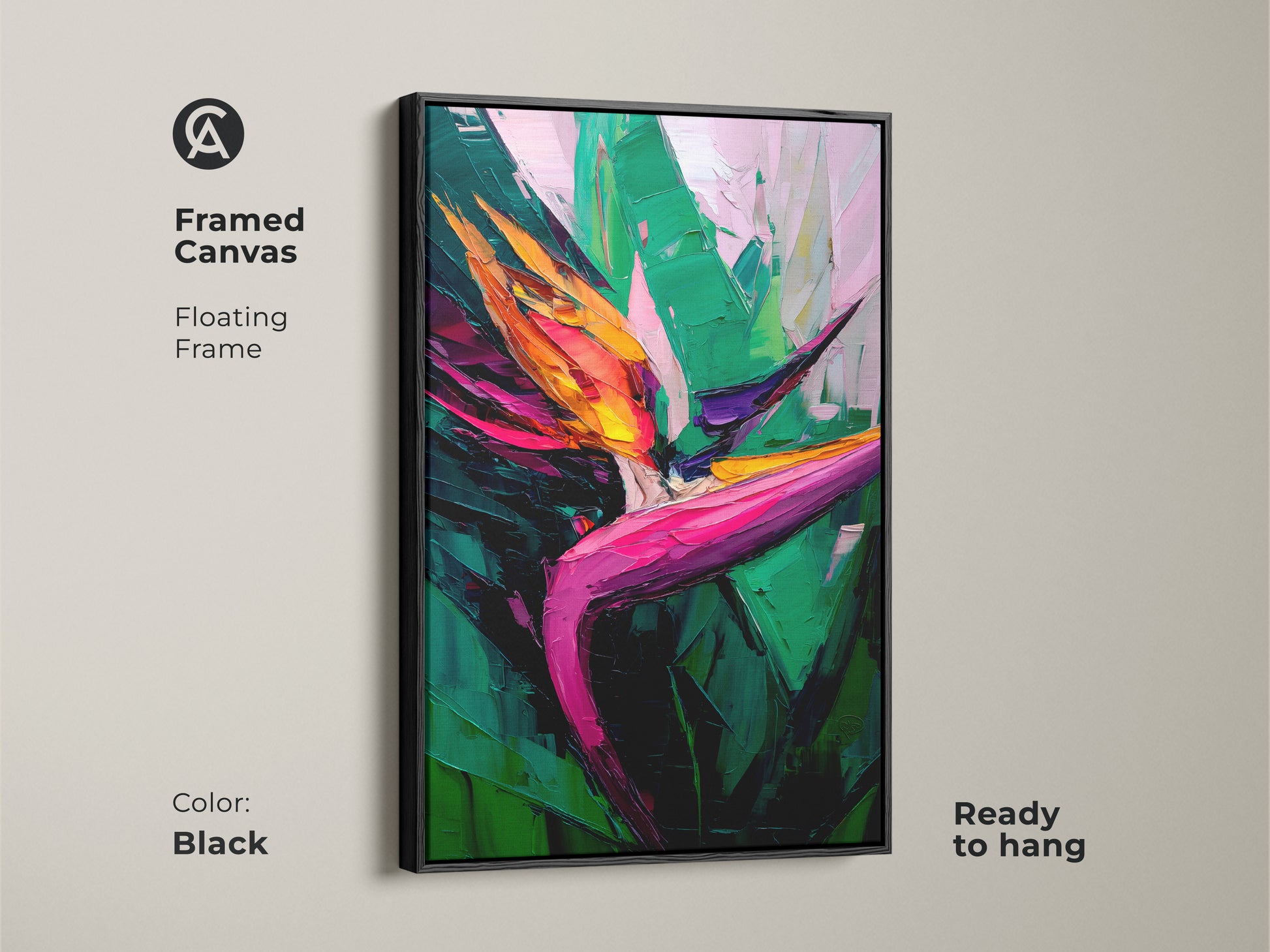 Framed canvas featuring a Bird of Paradise flower. This tropical leaves artwork has a black floating frame. This boho botanical art print brings vibrant color to any room. Ready to hang.