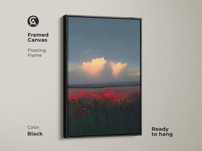 Framed Canvas of Crimson Poppy Field. The black floating frame enhances the impressionistic nature wall art. Ready to hang this scenic field canvas adds color to any space. Perfect for modern homes.