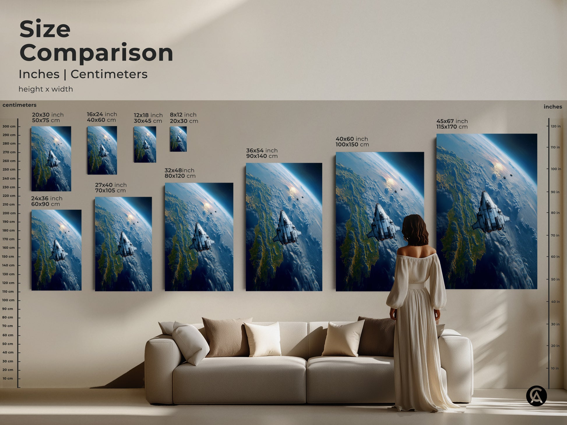Size comparison of futuristic spaceship art prints. See how different sizes fit above a sofa. Choose from various dimensions for your space exploration canvas art. Find the ideal scale for your sci-fi wall decor. Transform your living room with this interstellar travel decor.