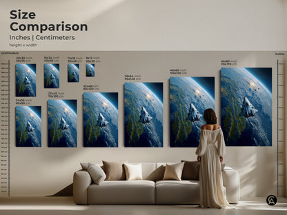 Size comparison of futuristic spaceship art prints. See how different sizes fit above a sofa. Choose from various dimensions for your space exploration canvas art. Find the ideal scale for your sci-fi wall decor. Transform your living room with this interstellar travel decor.