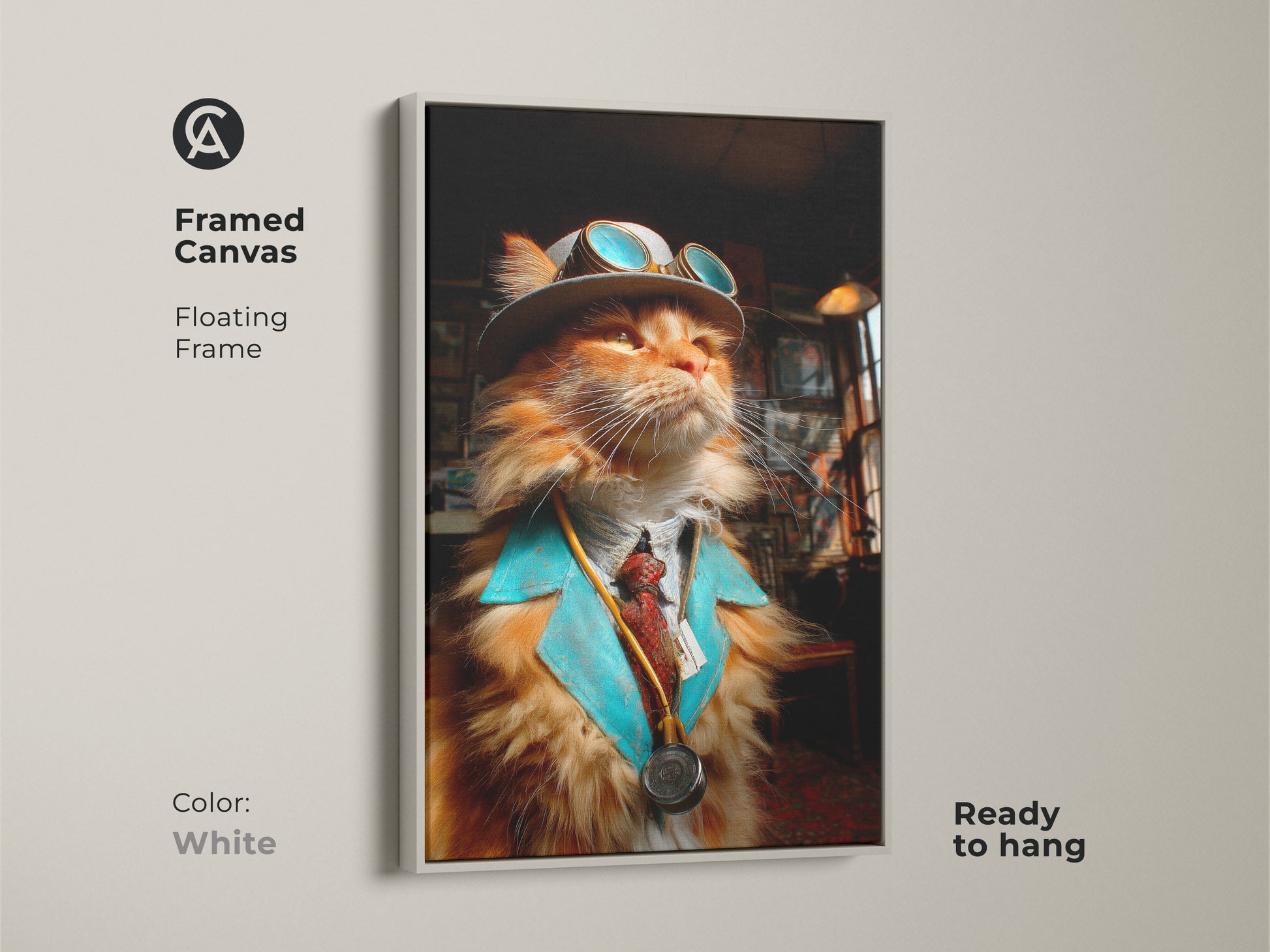 Framed canvas of a steampunk cat doctor. The artwork features a floating white frame. This unique art piece is ready to hang. It offers a clean touch. This will enhance your home decor.