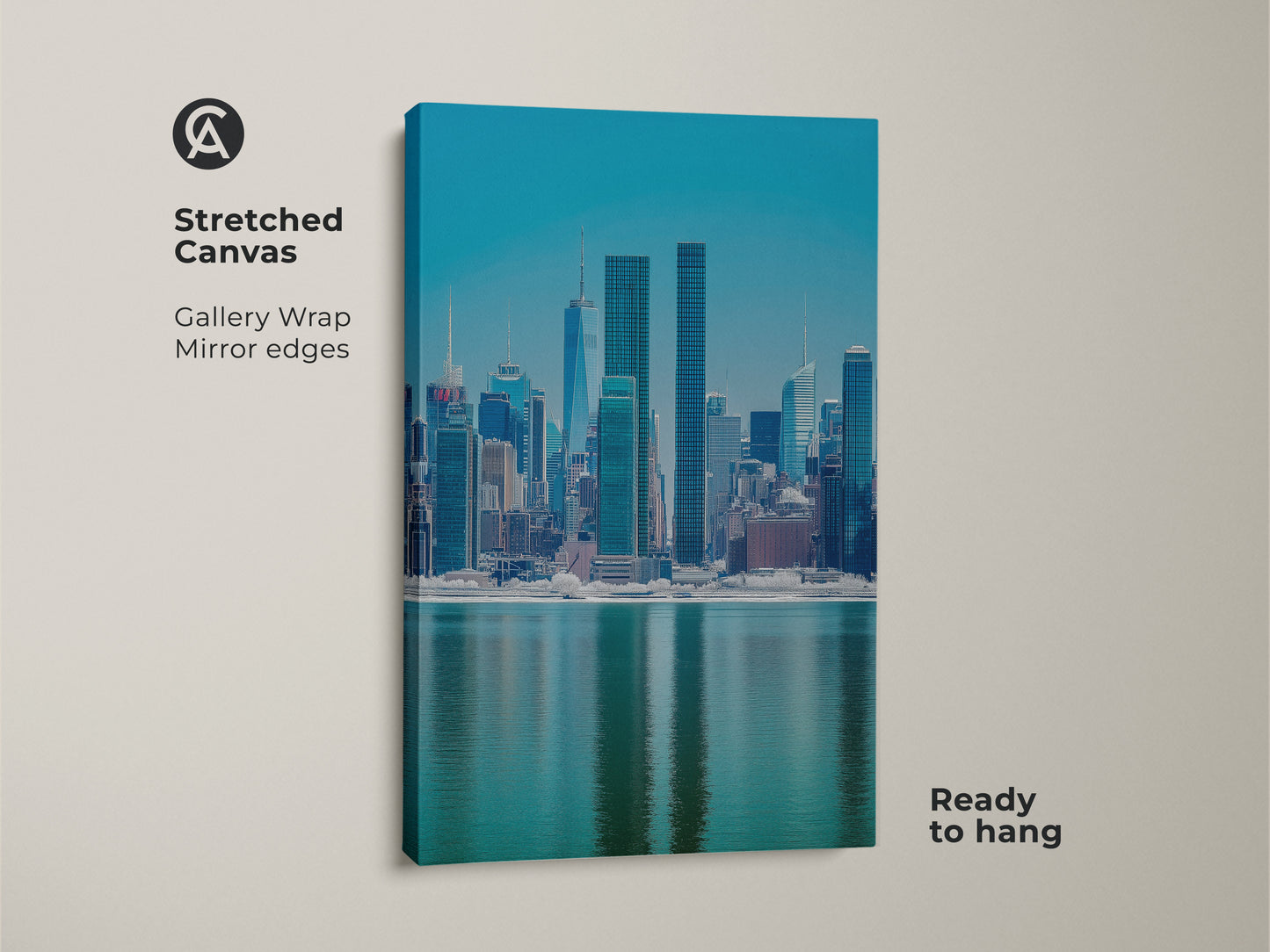 Stretched canvas showcasing a New York Cityscape. This gallery wrap features mirror edges for a clean contemporary look. The blue teal skyline art is ready to hang adding modern flair to your office wall art decor. Enjoy this urban waterfront view.