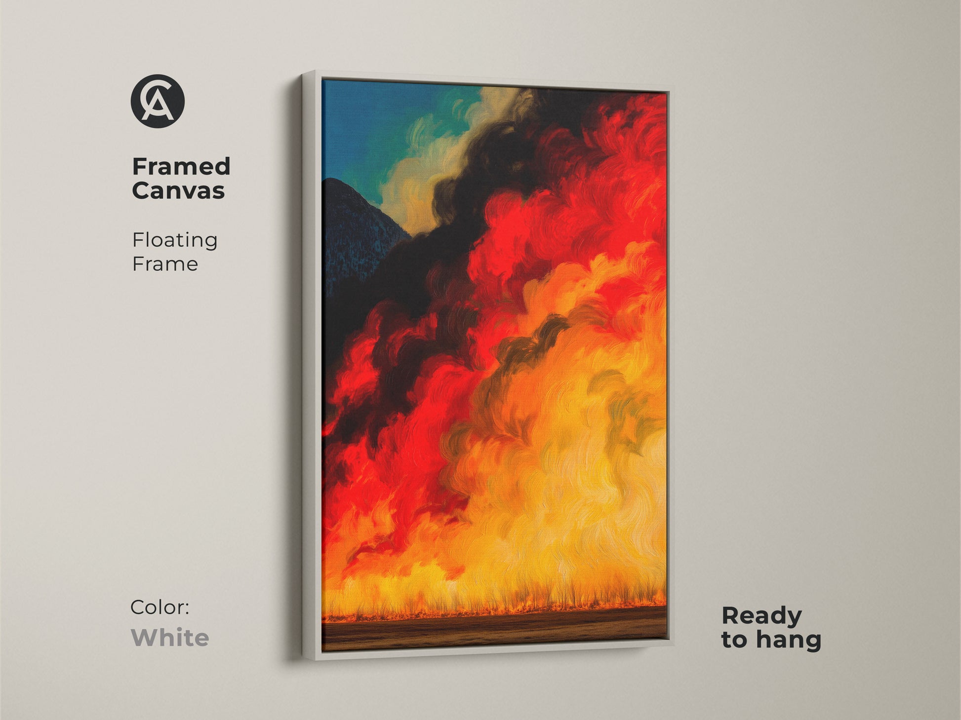 Print presentation options for abstract mountain fire artwork. Choose from poster print stretched canvas or framed canvas. Options include black brown antique gold and white floating frames. The art features fiery red golden yellow and black making it a versatile piece.