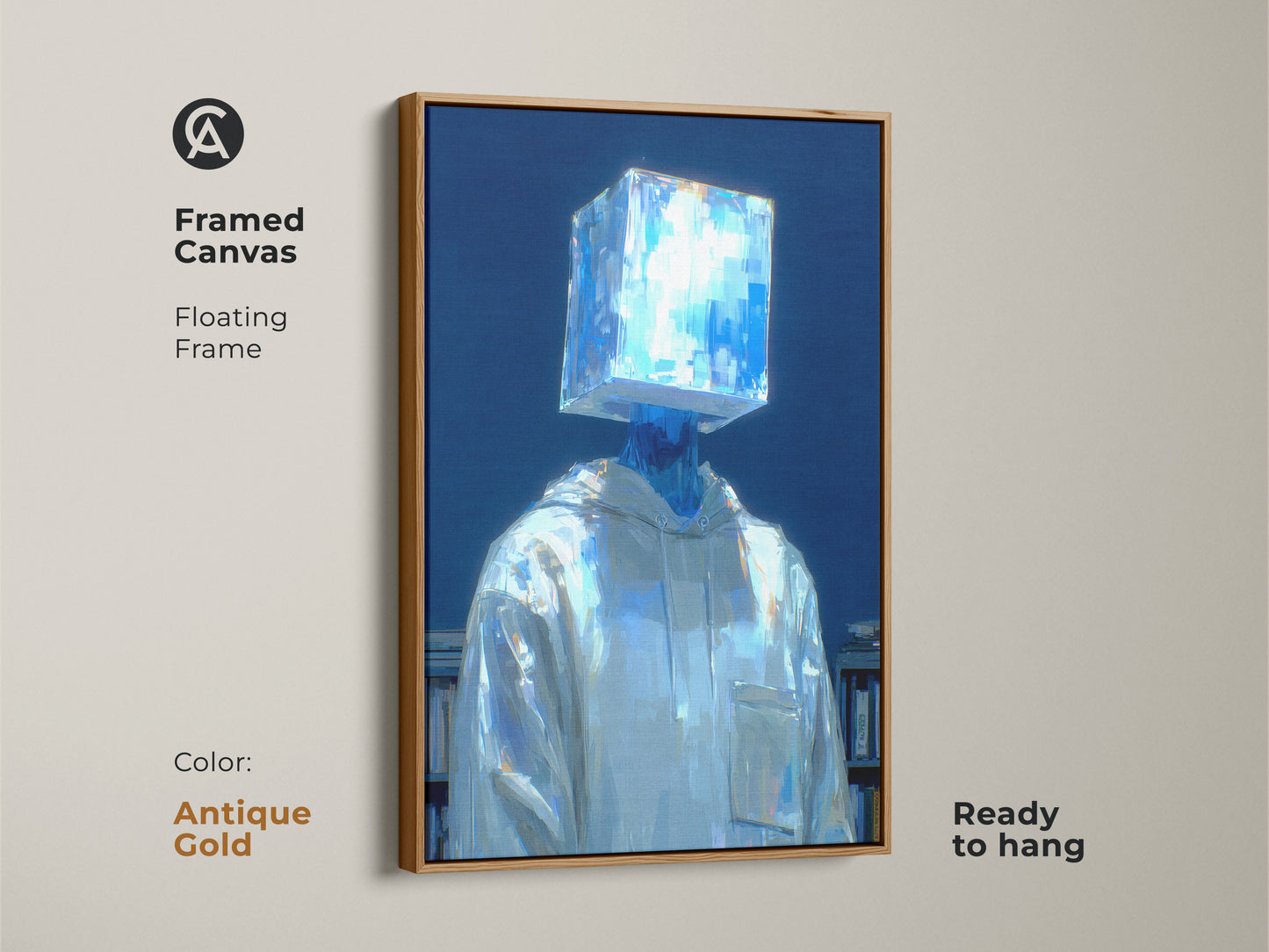Antique gold framed canvas art showcasing a figure with a bright blue cube head. The floating frame artwork adds a touch of elegance. The figure wears a white hoodie and stands by a bookshelf. The canvas is ready to hang for your convenience.
