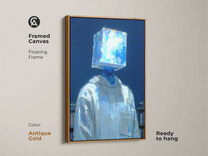 Antique gold framed canvas art showcasing a figure with a bright blue cube head. The floating frame artwork adds a touch of elegance. The figure wears a white hoodie and stands by a bookshelf. The canvas is ready to hang for your convenience.
