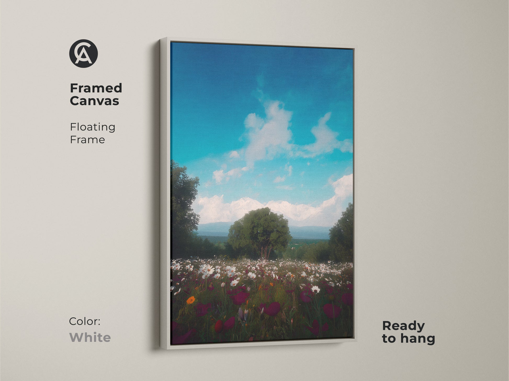 White framed canvas showcasing a country landscape art. The summer field artwork brings a touch of nature indoors. This artistic wildflower painting is ready to hang. A colorful bloom canvas to brighten any space
