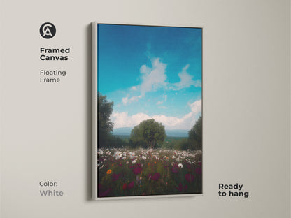White framed canvas showcasing a country landscape art. The summer field artwork brings a touch of nature indoors. This artistic wildflower painting is ready to hang. A colorful bloom canvas to brighten any space