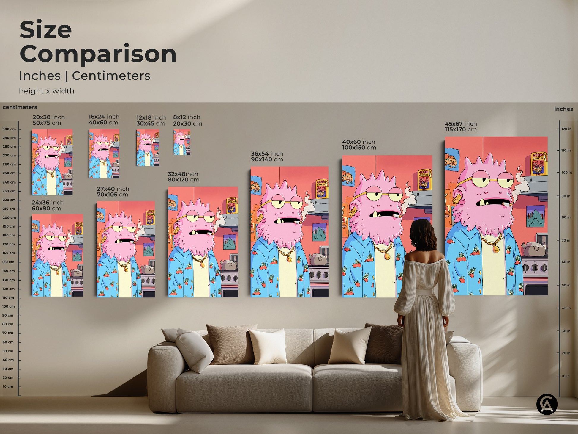Size comparison of the quirky pink monster artwork in inches and centimeters. See how different sizes fit in your living space. This surreal character art is a perfect addition to eclectic home decor and makes a unique gift for art lovers.