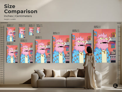 Size comparison of the quirky pink monster artwork in inches and centimeters. See how different sizes fit in your living space. This surreal character art is a perfect addition to eclectic home decor and makes a unique gift for art lovers.