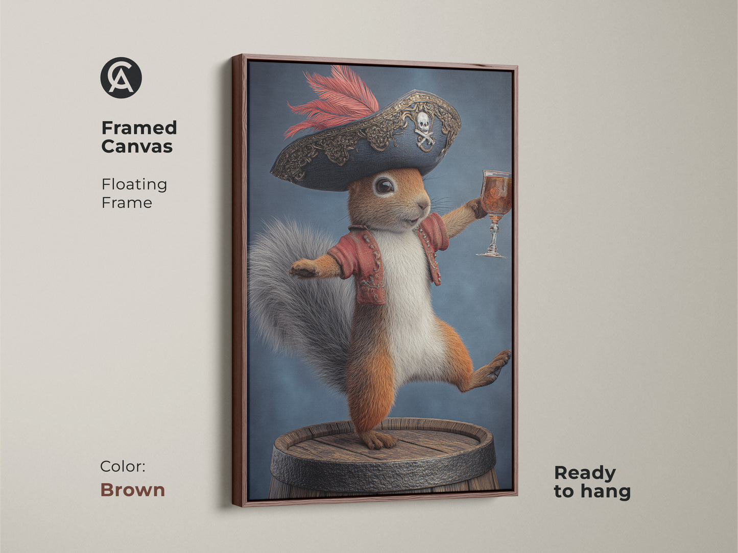 Framed canvas art of a pirate squirrel with a brown frame. This fantasy animal print features a whimsical squirrel dressed as a pirate holding a drink. The artwork adds an eclectic touch to any room. Ready to hang and perfect for study room wall decor. A great birthday gift for fantasy lovers.