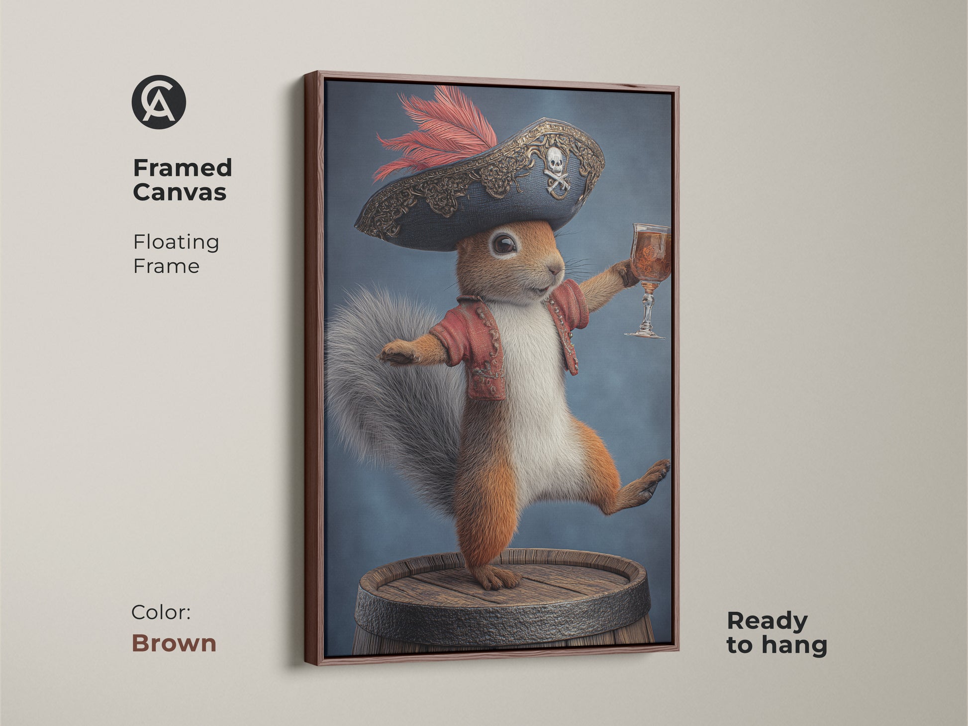 Framed canvas art of a pirate squirrel with a brown frame. This fantasy animal print features a whimsical squirrel dressed as a pirate holding a drink. The artwork adds an eclectic touch to any room. Ready to hang and perfect for study room wall decor. A great birthday gift for fantasy lovers.