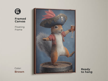 Framed canvas art of a pirate squirrel with a brown frame. This fantasy animal print features a whimsical squirrel dressed as a pirate holding a drink. The artwork adds an eclectic touch to any room. Ready to hang and perfect for study room wall decor. A great birthday gift for fantasy lovers.