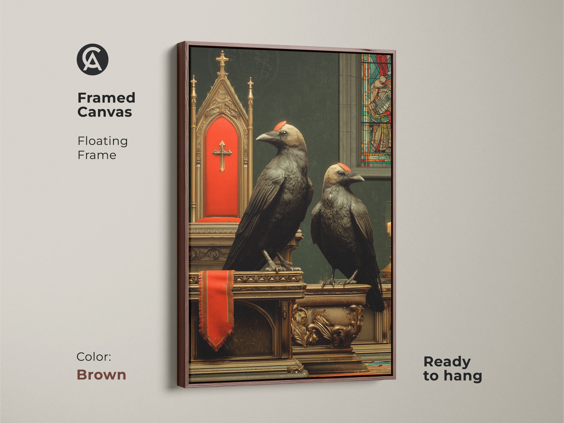 This framed canvas of Gothic Crow Wall Art is in a brown floating frame. The ornate altar decor and bird flock makes it a unique study decor. Religious symbolism art inspired by the victorian era with red accent art.