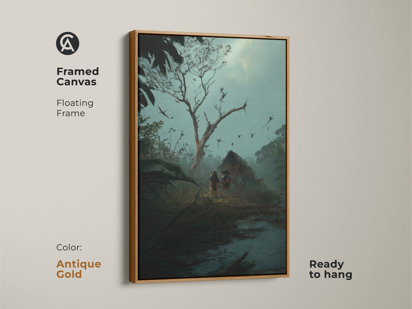 Framed canvas art print features tribal figures approaching a thatched hut. The antique gold floating frame enhances the misty blue teal adventure art. This dark fantasy artwork adds an eclectic touch to study room decor. The art is ready to hang.