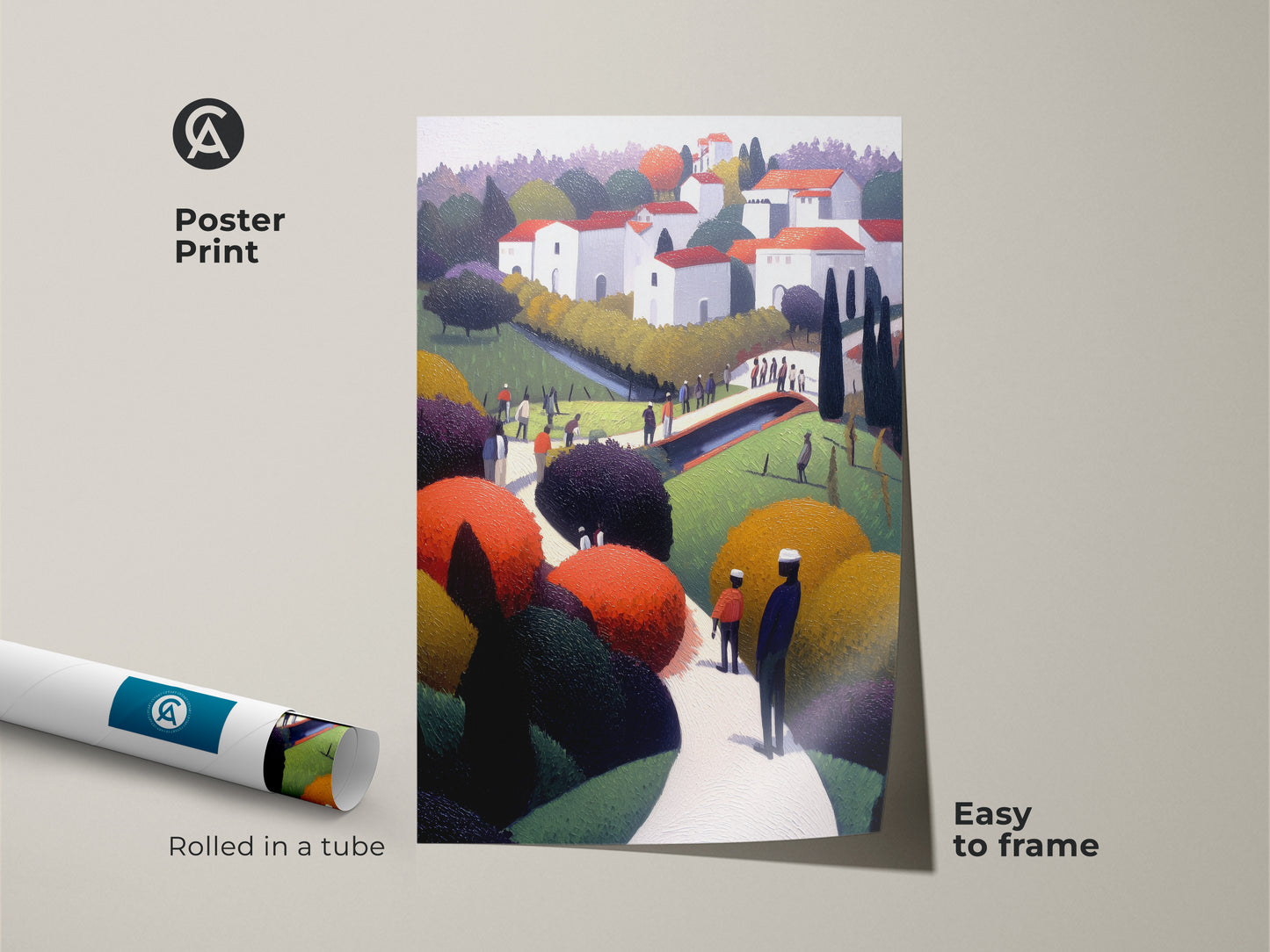 Poster print of a folk art village landscape. This eclectic wall decor features a scenic path and colorful countryside. Easy to frame museum-quality paper rolled in a tube for protection.