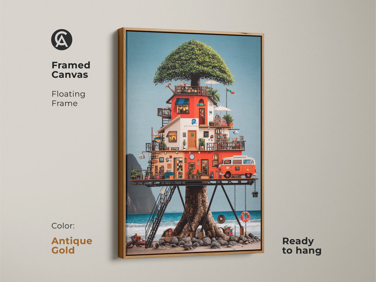 This framed canvas art features an eclectic treehouse on a beach. It comes with a vintage camper van. The floating frame is antique gold and ready to hang. The vibrant red orange art adds a unique touch to any wall.