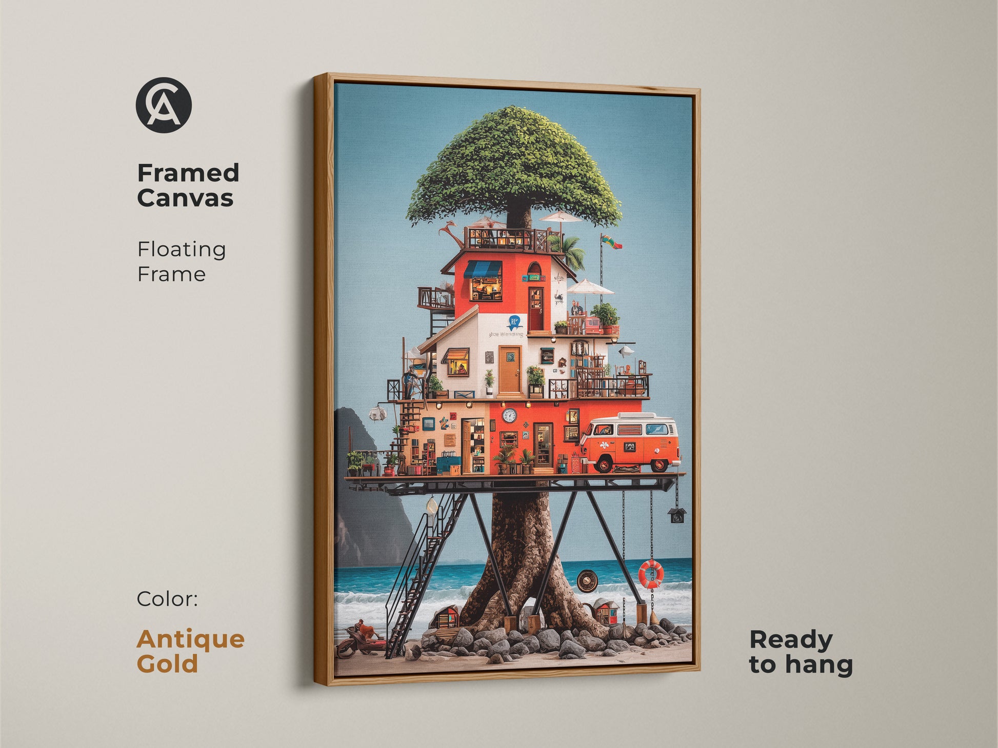 This framed canvas art features an eclectic treehouse on a beach. It comes with a vintage camper van. The floating frame is antique gold and ready to hang. The vibrant red orange art adds a unique touch to any wall.