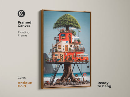 This framed canvas art features an eclectic treehouse on a beach. It comes with a vintage camper van. The floating frame is antique gold and ready to hang. The vibrant red orange art adds a unique touch to any wall.