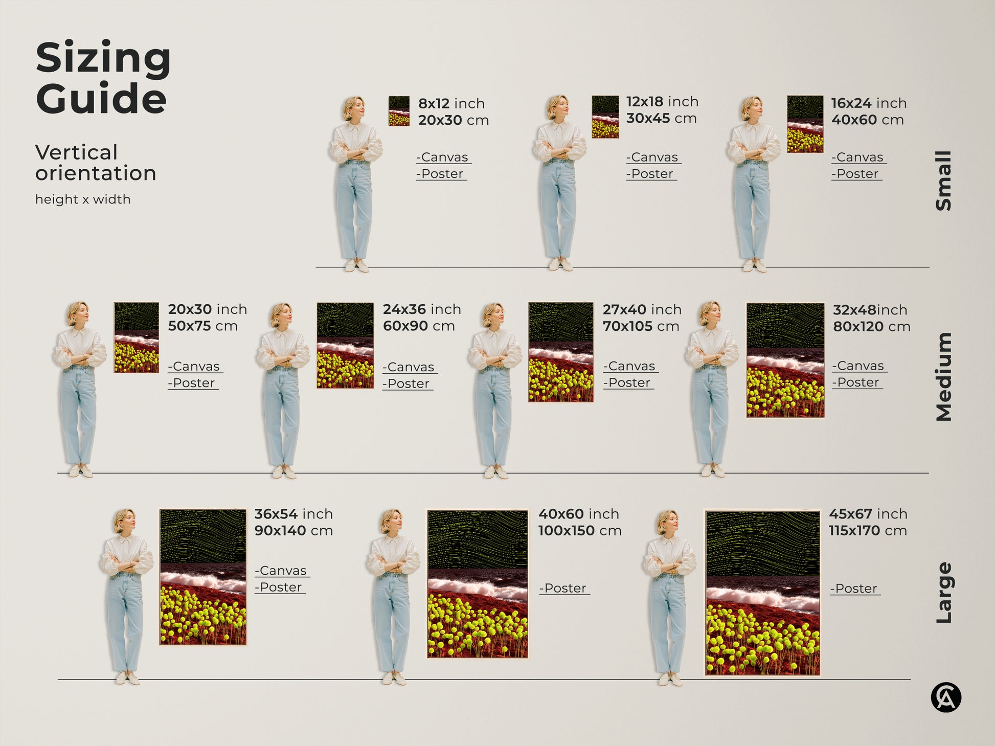 Sizing guide for abstract orb and wave canvas and poster art. Visualize small medium and large vertical orientations. Ideal for contemporary bedroom decor or office art.