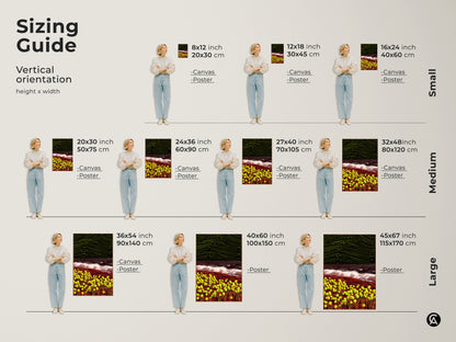 Sizing guide for abstract orb and wave canvas and poster art. Visualize small medium and large vertical orientations. Ideal for contemporary bedroom decor or office art.