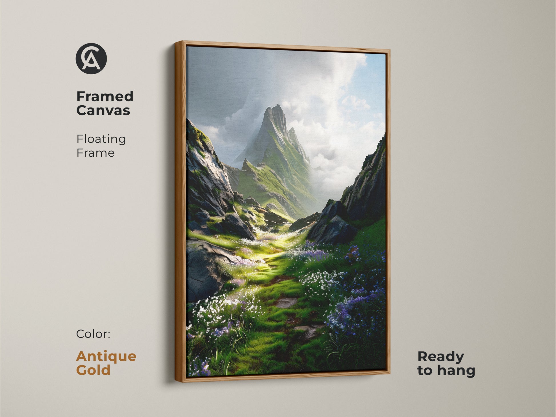 Modern floral meadow art in an antique gold floating frame canvas. This vibrant nature wall decor is ready to hang. This serene outdoor scene canvas brings the outdoors in.