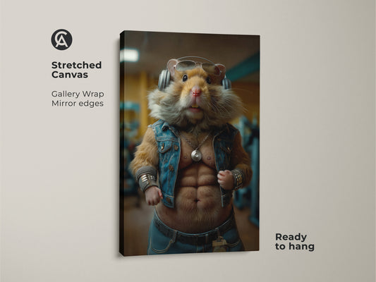 Stretched canvas of a funny bodybuilding hamster art. The gallery wrap features mirror edges. This gym motivation art print shows a hamster with human-like abs a denim vest and headphones. It's ready to hang as a unique office fitness decor or man cave wall hanging.