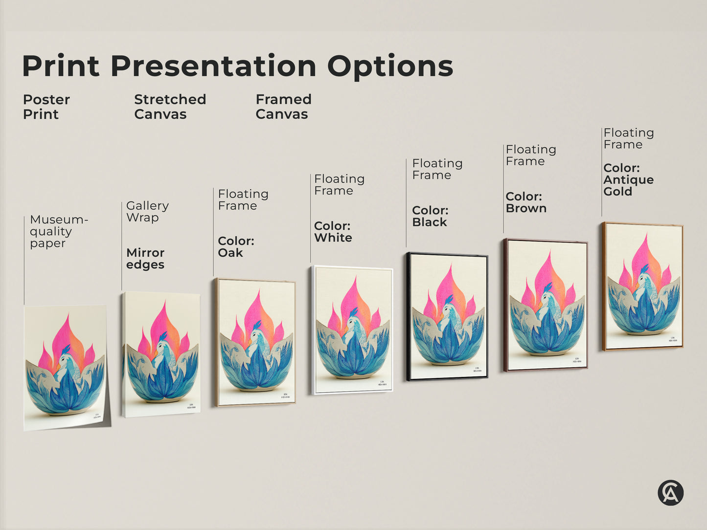 Explore print presentation options: poster stretched canvas or framed canvas. Pick from gallery wrap mirror edges floating frame colors like oak white black brown and antique gold. Find the phoenix lotus canvas print that suits your style.