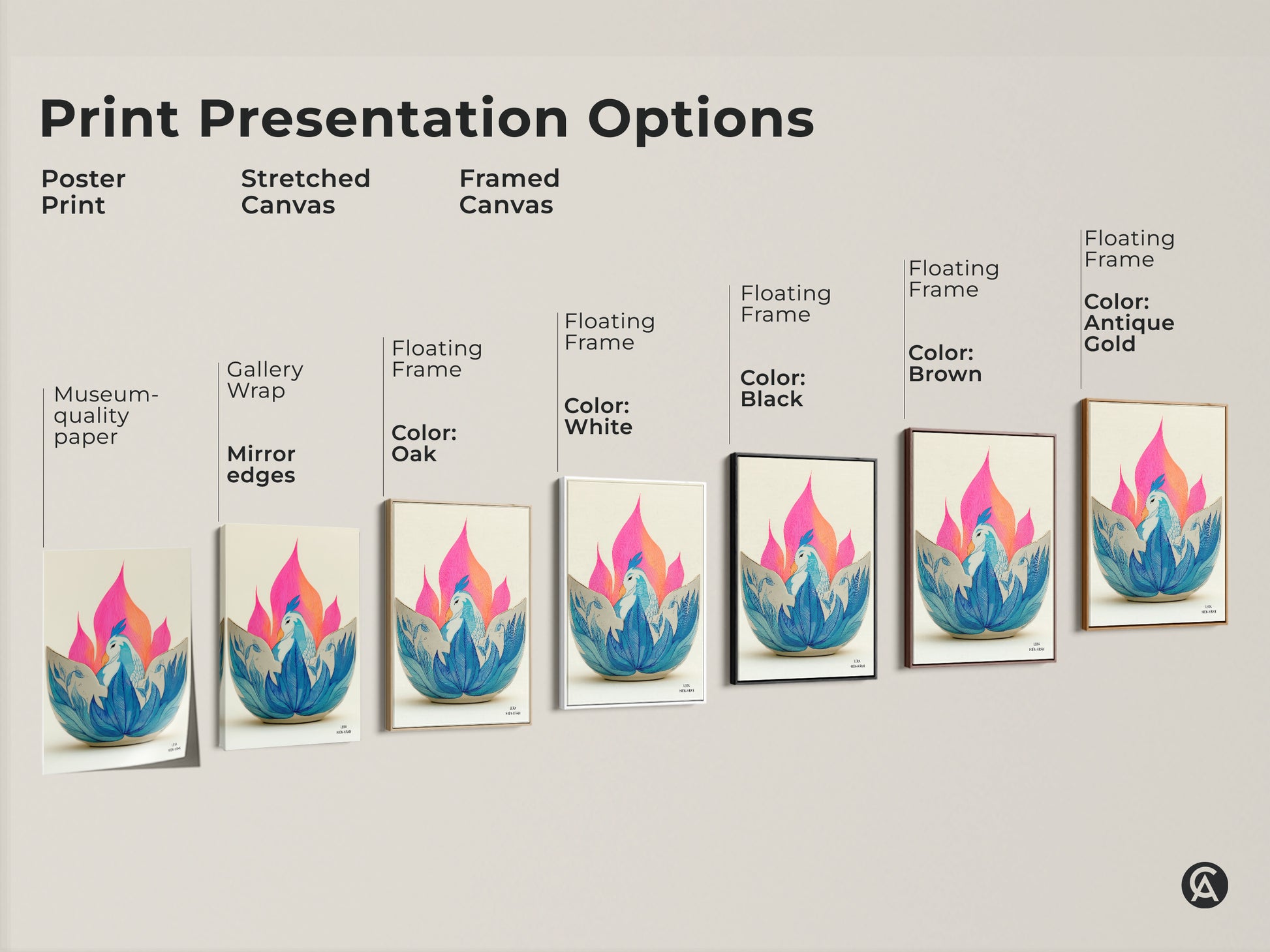 Explore print presentation options: poster stretched canvas or framed canvas. Pick from gallery wrap mirror edges floating frame colors like oak white black brown and antique gold. Find the phoenix lotus canvas print that suits your style.