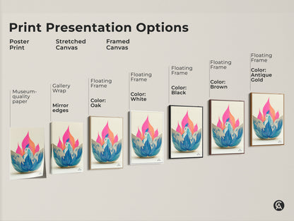 Explore print presentation options: poster stretched canvas or framed canvas. Pick from gallery wrap mirror edges floating frame colors like oak white black brown and antique gold. Find the phoenix lotus canvas print that suits your style.