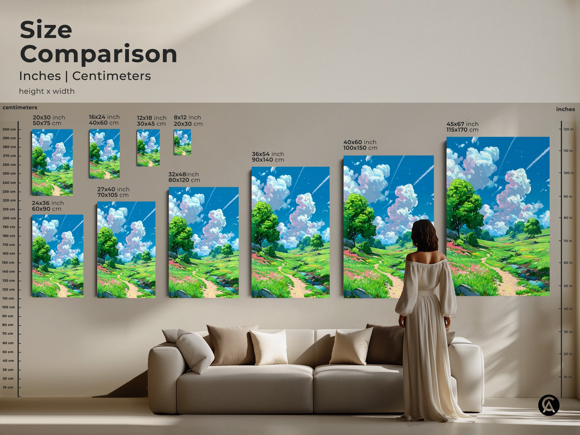 Size comparison of landscape art prints. View canvas and poster sizes in inches and centimeters. See how each size transforms a living space. Choose the ideal dimensions to enhance your home decor and create a stunning display.