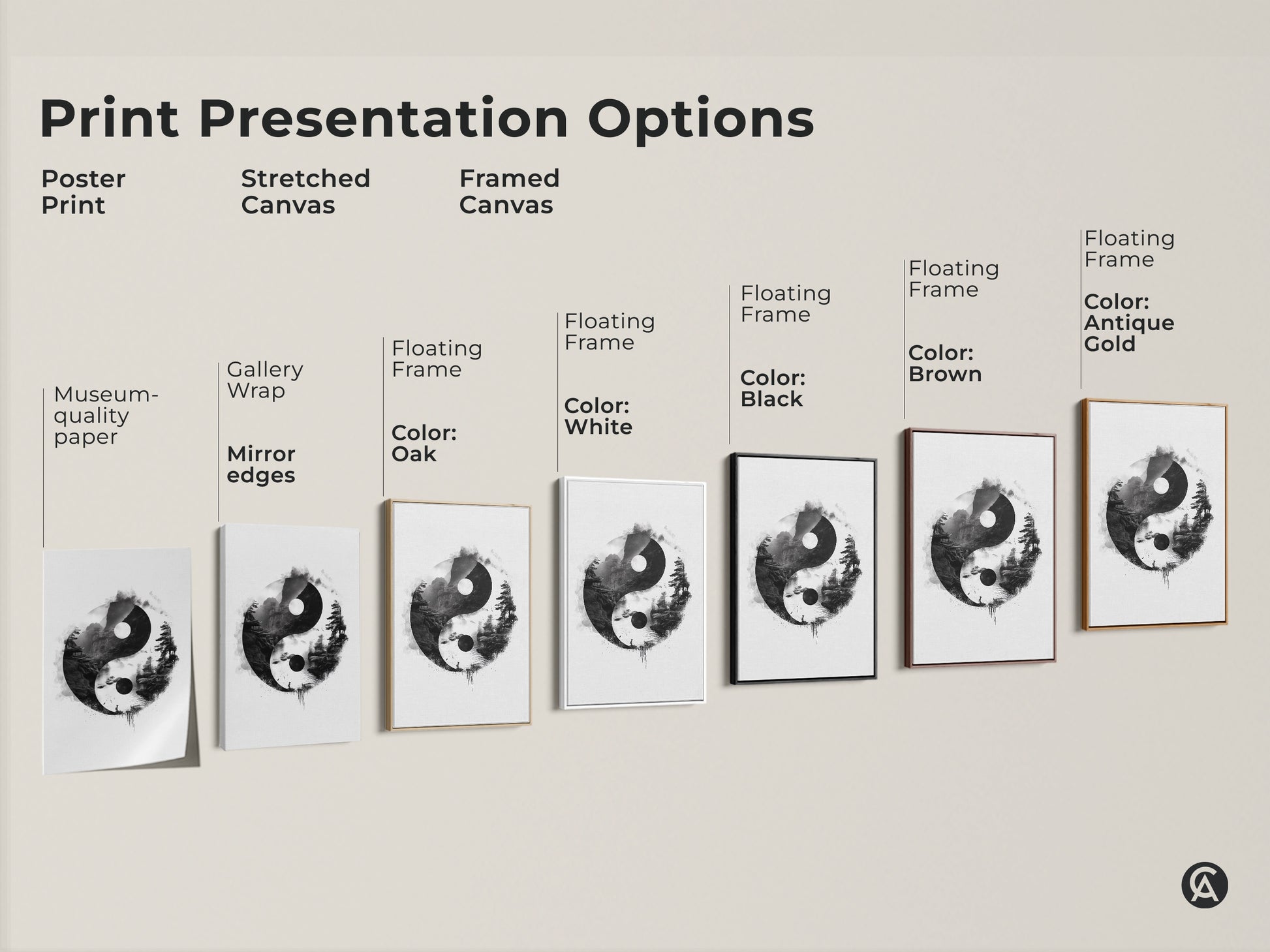 Various print presentation options for Yin Yang landscape art. Choose from poster prints to stretched canvases. Framed canvases offer black white or antique gold floating frames for zen decor.