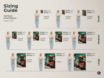 Sizing guide for the vertical artwork. Available as canvas or poster art. Sizes include 8x12 inch 12x18 inch 16x24 inch 20x30 inch 24x36 inch 27x40 inch 32x48 inch 36x54 inch 40x60 inch and 45x67 inch.