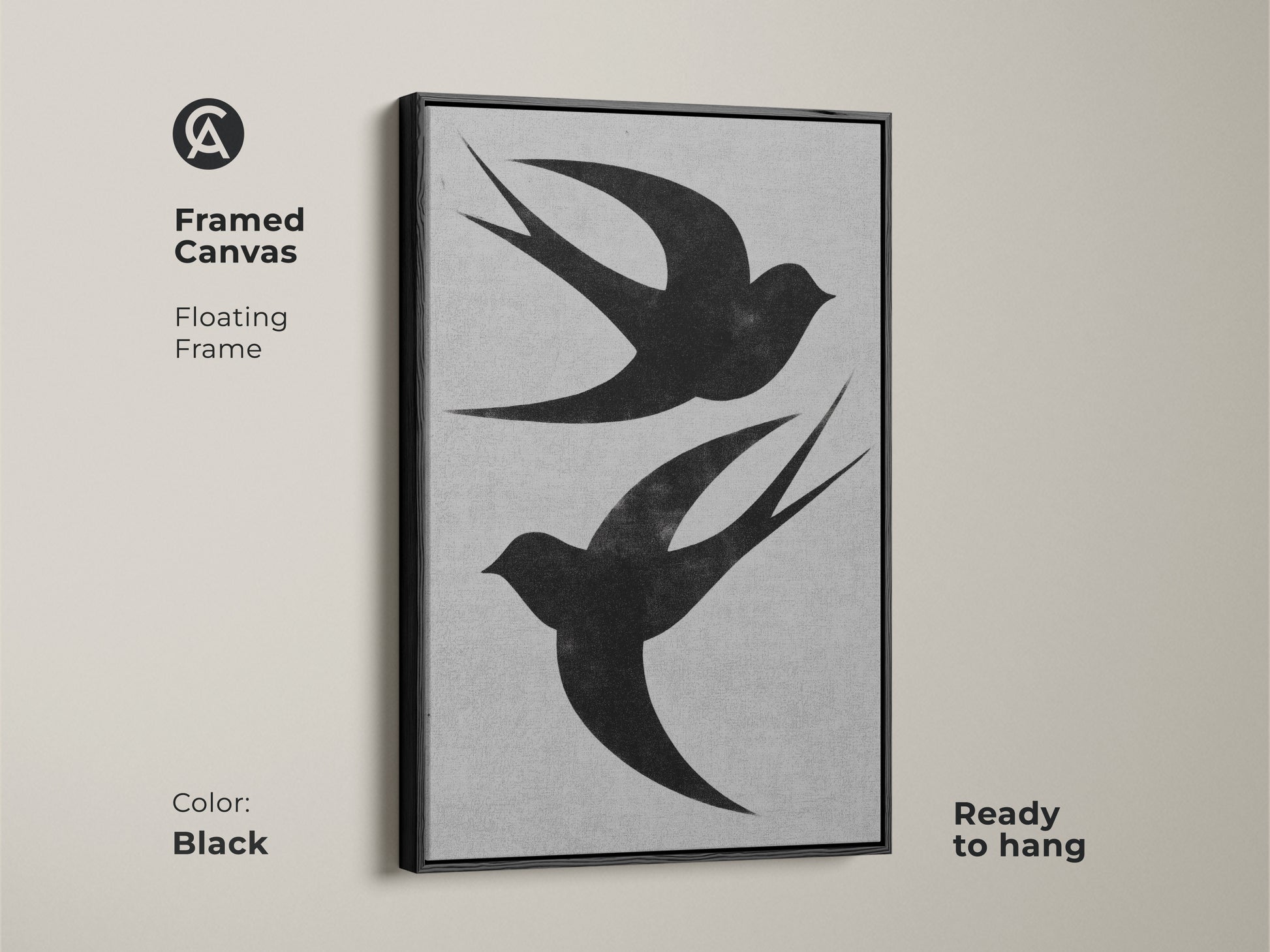 This framed canvas features a floating frame showcasing two black swallows. The minimalist wall art offers a modern nature-inspired aesthetic. Ready to hang this black bird print is perfect for adding elegance to home or office spaces.