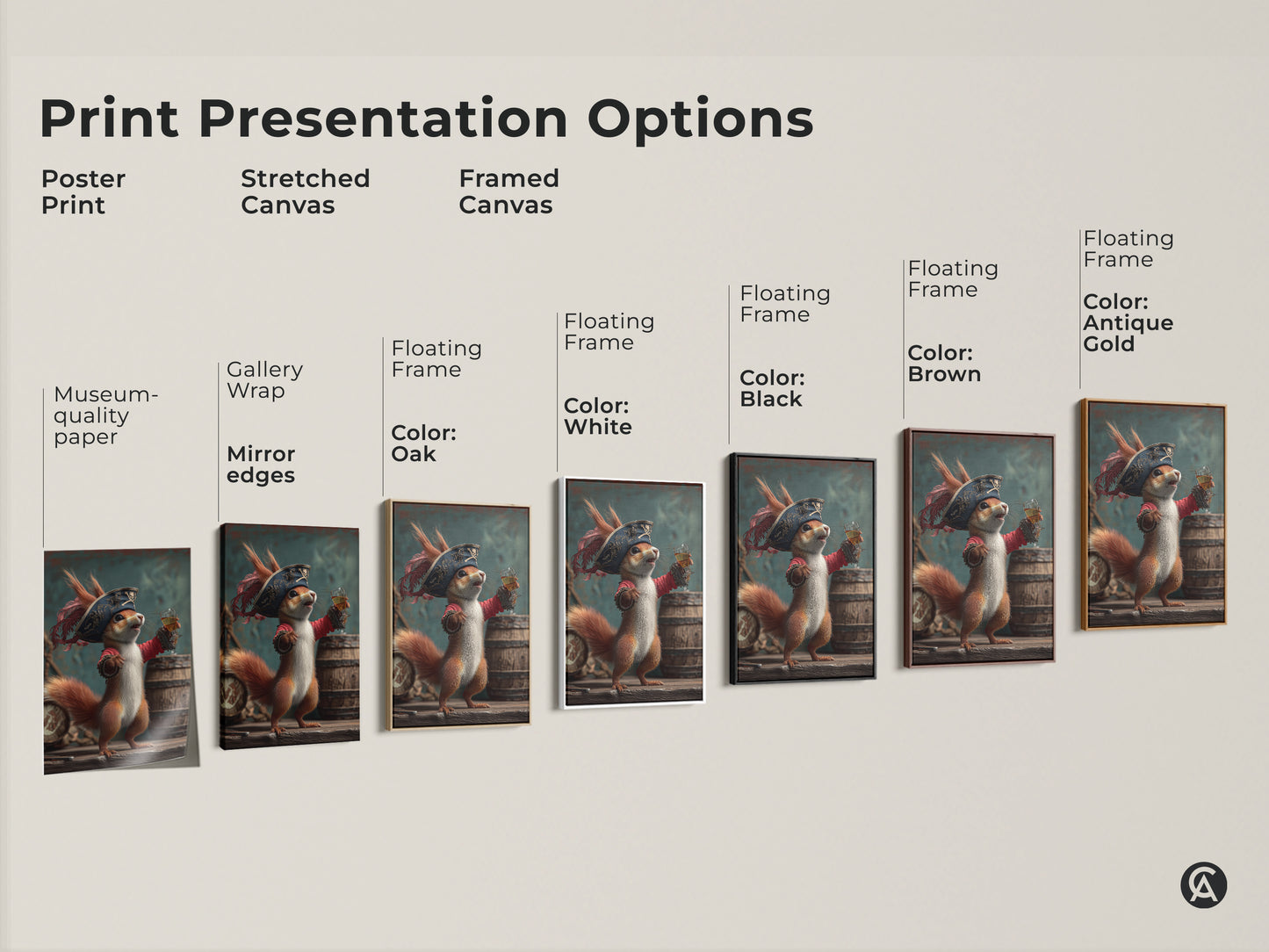 Explore print presentation options for the pirate squirrel art. Choose from poster prints stretched canvas and framed canvas. Each option showcases the whimsical fantasy artwork. Perfect for eclectic animal wall decor. Find the ideal rum lover gift art for any space.