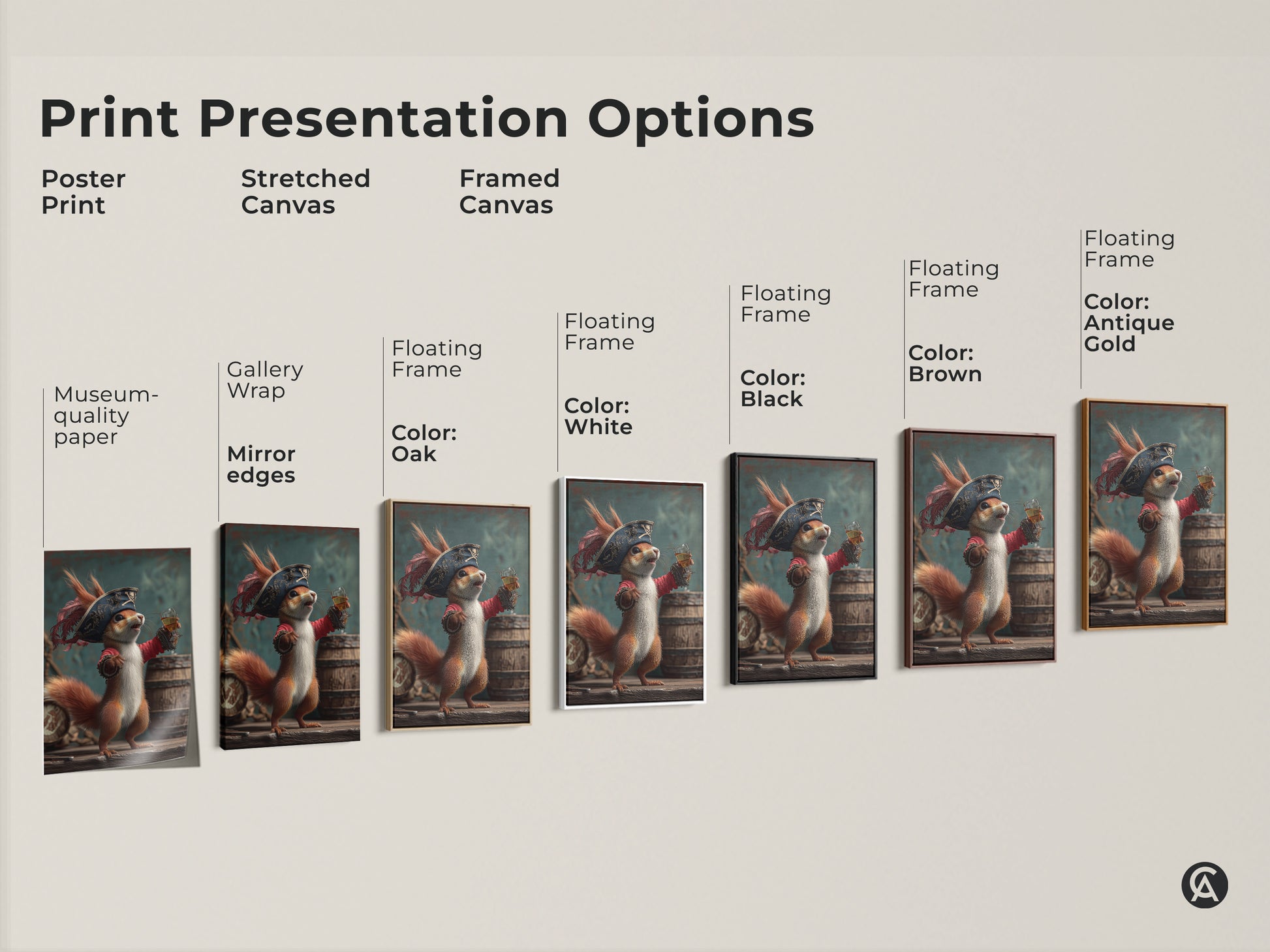 Explore print presentation options for the pirate squirrel art. Choose from poster prints stretched canvas and framed canvas. Each option showcases the whimsical fantasy artwork. Perfect for eclectic animal wall decor. Find the ideal rum lover gift art for any space.