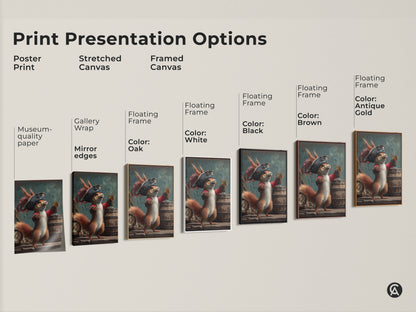 Explore print presentation options for the pirate squirrel art. Choose from poster prints stretched canvas and framed canvas. Each option showcases the whimsical fantasy artwork. Perfect for eclectic animal wall decor. Find the ideal rum lover gift art for any space.