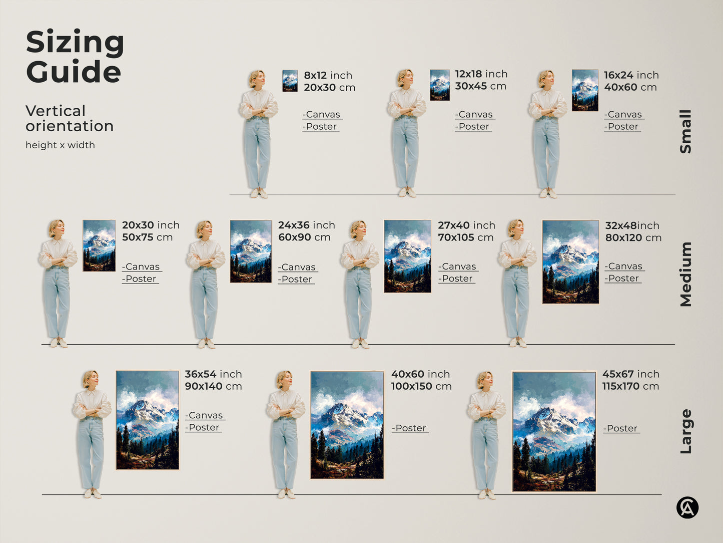 Sizing guide for vertical mountain artwork. Available in small medium and large sizes. Choose from canvas or poster prints. Find the perfect size mountain art to fit your space and complete your wall decor.