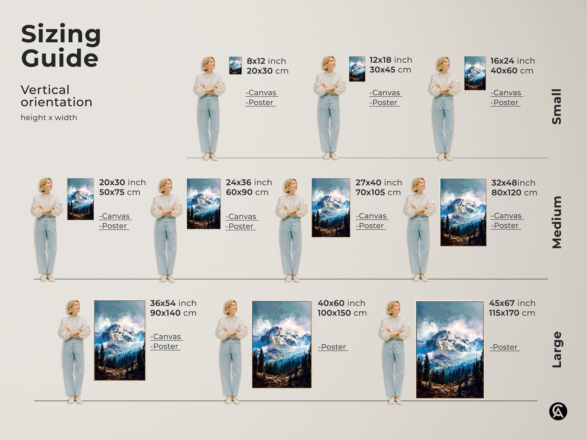 Sizing guide for vertical mountain artwork. Available in small medium and large sizes. Choose from canvas or poster prints. Find the perfect size mountain art to fit your space and complete your wall decor.