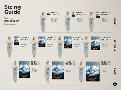 Sizing guide for vertical mountain artwork. Available in small medium and large sizes. Choose from canvas or poster prints. Find the perfect size mountain art to fit your space and complete your wall decor.