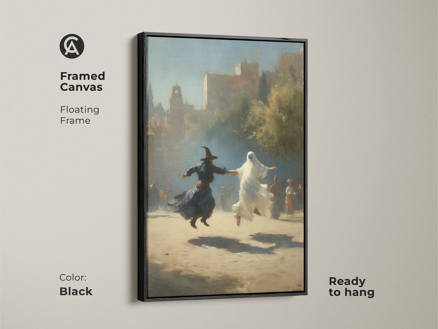 Framed canvas featuring gothic witch and ghost dancing artwork. This Halloween fantasy wall art is in classical realism with sepia tones. Black floating frame earth tone wall decor ready to hang. Ideal for a study room or eclectic home. Art for spooky season.